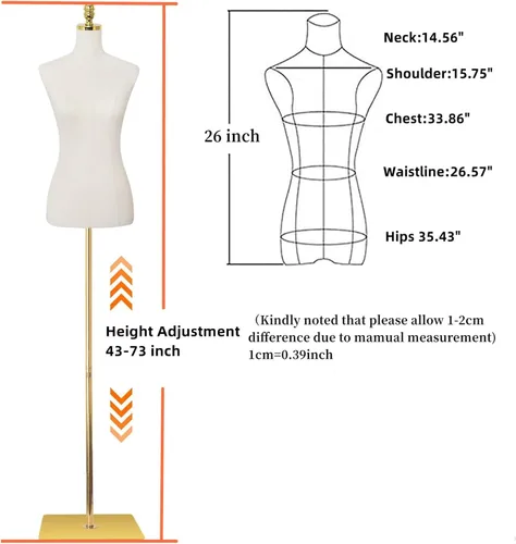 Miniatura 2 de EaseHome Maniquí con forma de torso, 109-185 cm de altura ajustable, cuerpo femenino de maniquí para exhibición de ropa con soporte de metal y base