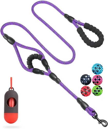 Miniatura 16 de JSXD Correa resistente de doble asa para perro, 5 pies, acolchada y reflectante, cuerda para perros pequeños a grandes (negro)