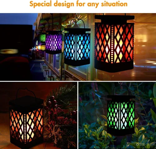 Miniatura 7 de Faroles solares colgantes que cambian de color y fijas, 9 modos, impermeables, luces colgantes para exteriores, llama parpadeante, linternas
