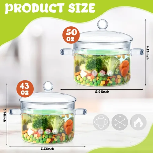 Miniatura 2 de Uiifan Juego de 2 ollas de vidrio con tapa y asa, resistentes al calor, 44 onzas y 50 onzas, juego de utensilios de cocina de vidrio transparente