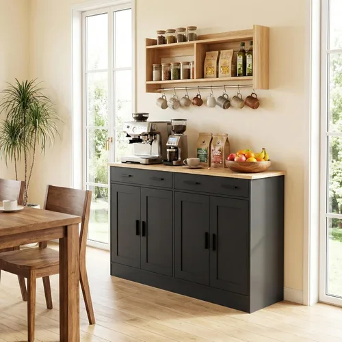 Miniatura 7 de Anystyle Armario de buffet negro de 53 pulgadas con almacenamiento, aparador de cocina, servidor de buffet con 2 cajones y 4 puertas, moderno