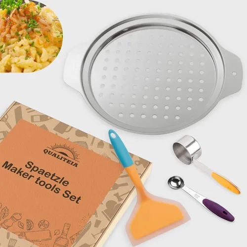 Spaetzle - Juego de tapa con espátula de silicona y 2 tazas medidoras, herramienta de fideos alemanes, utensilio de acero inoxidable Spaetzle,