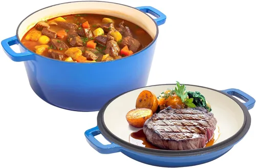 Olla de horno holandés de hierro fundido esmaltado 2 en 1, 6 cuartos de galón con tapa de 2 cuartos de galón, asas dobles grandes, apta para horno