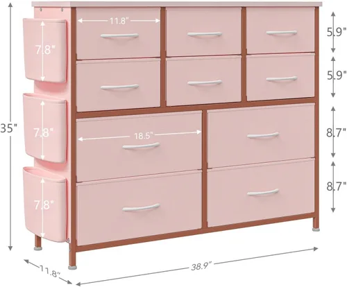 Miniatura 3 de Jojoka Cómoda para dormitorio, cajón de almacenamiento de tela con 10 cajones, aparadores y cómoda con bolsillos laterales, ganchos, mesa de madera