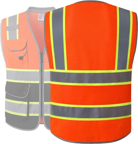 Miniatura 5 de JKSafety - Chaleco de seguridad de alta visibilidad con 9 bolsillos, chaleco reflectante de malla de alta visibilidad para hombres y mujeres, cuello