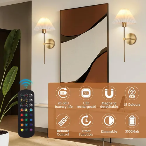 Miniatura 4 de Juego de 2 apliques de pared inalámbricos, pantallas plisadas recargables que funcionan con batería, luces de pared retro industriales doradas