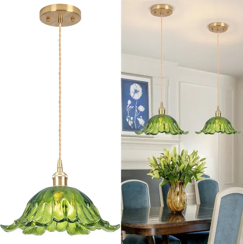 Miniatura 39 de Luces Colgantes para Isla de Cocina, Luz Colgante de Cristal Verde Accesorios de Iluminación Vintage, 9.4 pulgadas E26 Acabado Lámpara Colgante