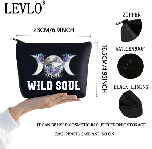 Miniatura 2 de LEVLO Bolsa de maquillaje cosmética de fase lunar, regalo de bruja luna, bolsa de maquillaje con cremallera para mujeres y niñas, Alma salvaje