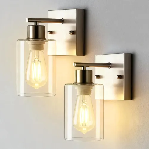 2 paquetes de apliques de pared para baño, luces de tocador de níquel cepillado, lámpara de pared moderna con pantalla de vidrio transparente,