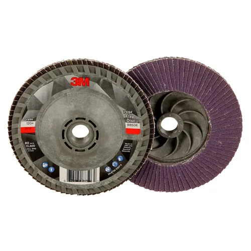 Miniatura 35 de 3M Disco de Solapa 769F, Tipo 27, 80+, 4-1/2 in x 7/8 in, Abrasivo de Alto Rendimiento, Disco de Rectificado y Acabado de Grano Cerámico