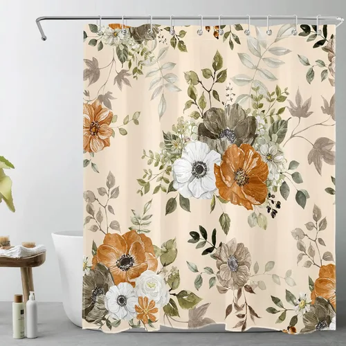 LB Cortina de ducha floral de otoño, flores silvestres blancas y naranjas y hojas de arce gris sobre tela beige con ganchos, juego de baño botánico
