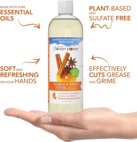 Miniatura 3 de Natural Flower Power Jabón líquido para platos, cítricos y especias, a base de plantas y perfumado con aceites esenciales puros, detergente líquido