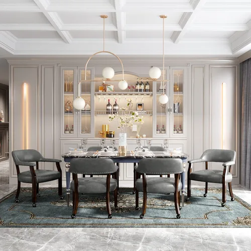 Miniatura 64 de Juego de 8 sillas de cuero de comedor con ruedas y brazos, silla de capitán Accent con ruedas, sillas de madera con ruedas enrollables para cocina