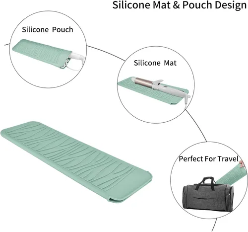Miniatura 5 de Alfombrilla con bolsa de silicona resistente al calor para alisadoras de pelo, varitas para rizar, planchas planas y herramientas de peinado Verde