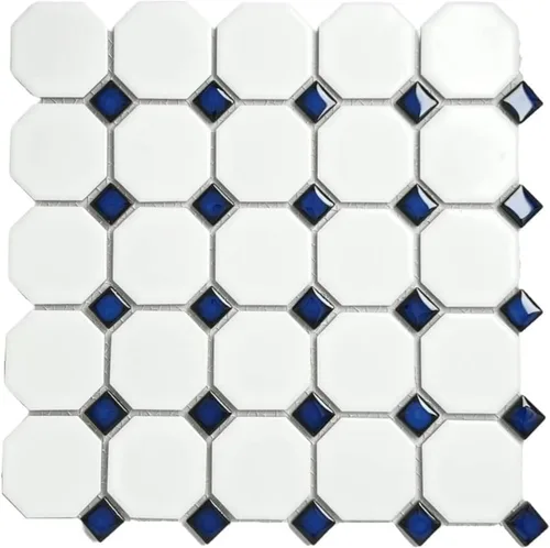 Miniatura 8 de Tenedos Mosaico de porcelana octágono blanco mate con puntos blancos, 20 hojas/estuche para pisos, paredes, salpicaduras de cocina y azulejos de baño