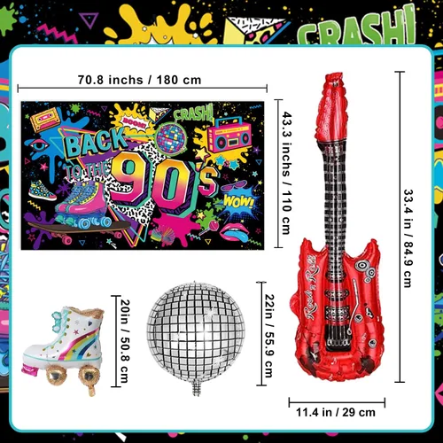 Miniatura 3 de Las decoraciones para fiestas de cumpleaños de los años 90 incluyen telón de fondo, centros de mesa de panal, pancarta, espirales colgantes, globos