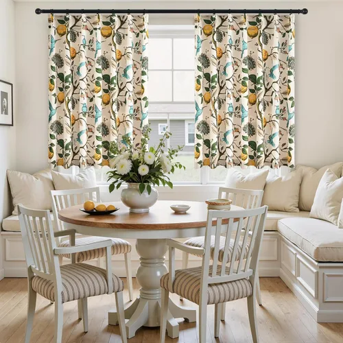 Miniatura 3 de Cortinas beige para cocina, 36 pulgadas de largo, diseño floral botánico de limón y colibrí, cortinas plisadas para oscurecer la habitación