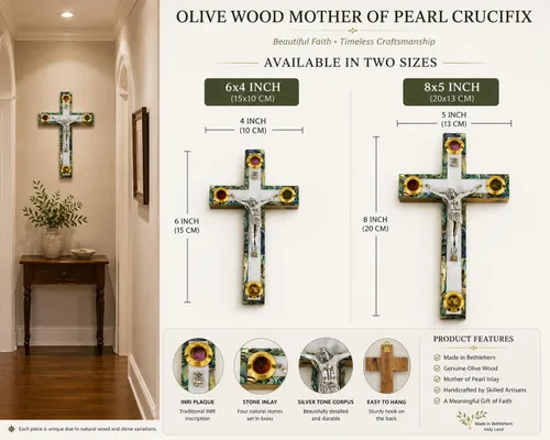 Miniatura 4 de Crucifijo de pared de cruz de madera de olivo cubierto con nácar con 4 reliquias sagradas, cruz de perla, crucifijo colgante de pared hecho