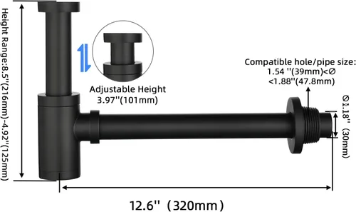 Miniatura 3 de Baño Latón Contemporáneo Botella Redonda P Trampa 1-1/4, Lavabo Ajustable Lavabo Desagüe P-Trap Kit, General US Standard, Negro Mate