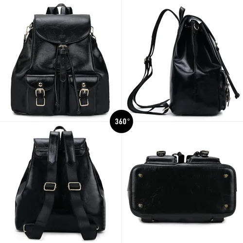 Miniatura 6 de Chillo - Mochila grande de cuero vegano para mujer, diseño multiusos, con cordón, Negro -, Mochilas de mochila