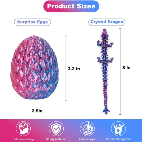 Miniatura 2 de Juguete de huevo de dragón impreso en 3D para cesta de Pascua (paquete de 6) – Misterio sorpresa en el interior, dragón de cristal articulado