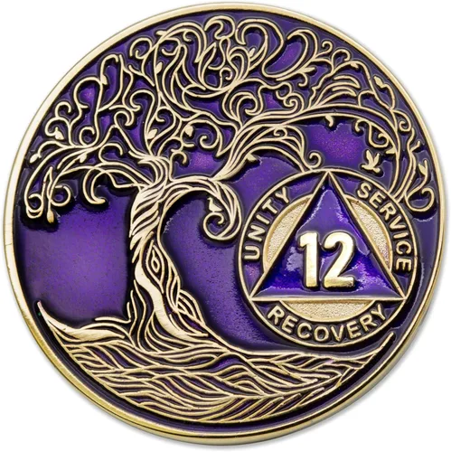 Miniatura 277 de 20 Year Sobriety Mint Twisted Tree of Life - Medallón de recuperación AA chapado en oro, fichas y fichas, color negro