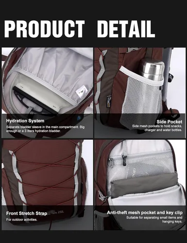 Miniatura 9 de MOUNTAINTOP Mochila de senderismo de 25 litros, mochila de viaje ligera para hombres y mujeres, mochileros al aire libre, camping Granate