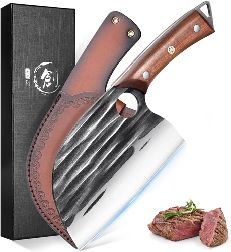 ROCOCO Cuchillo de Chef Serbio Cuchillo Carnicero Cuchilla con Funda para Cocina Exterior BBQ Camping Regalo de Cumpleaños Padre Madre Navidad
