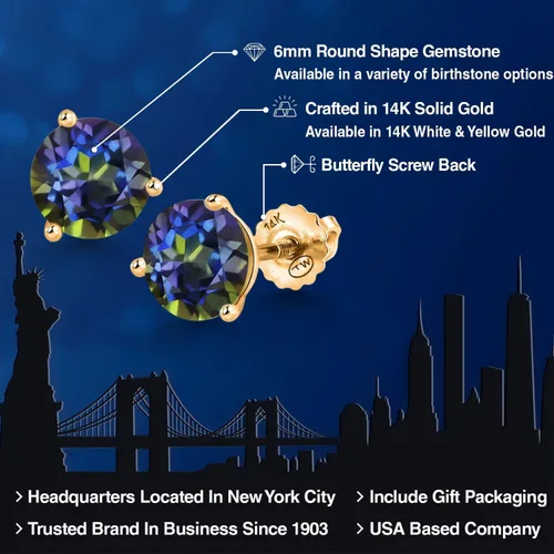 Miniatura 58 de Gem Stone King Aretes de Martini de oro amarillo de 14 quilates Aretes de tuerca de 3 puntas para mujeres y hombres Redondos de 0.236 pulgadas