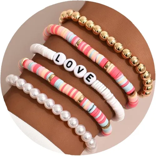 Corlorful - Pulseras apilables bohemias, pulseras de cuentas, pulseras de perlas para mujer, 5 piezas, coloridas pulseras de playa para verano,