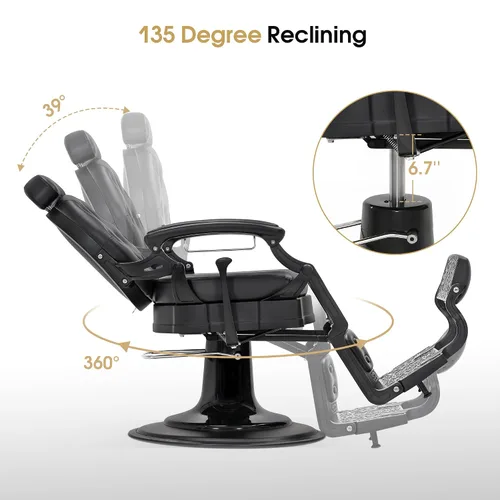 Miniatura 8 de BarberPub Silla de peluquero resistente para hombres con reposacabezas, sillas reclinables hidráulicas de metal antiguo multiusos, equipo de negro