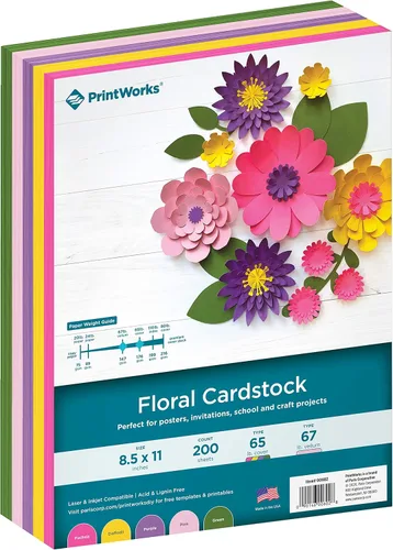 PrintWorks - Papel de cartulina floral de 8.5 x 11 pulgadas, 200 hojas, 5 colores surtidos para flores, ideal para proyectos escolares y