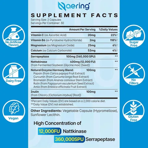 Miniatura 2 de Suplemento enzimático liposomal nattoquinasa 12,000 FU Serrapeptasa 360,000 SPU - Enriquecido con enzimas sinérgicas y mezcla de nutrientes e