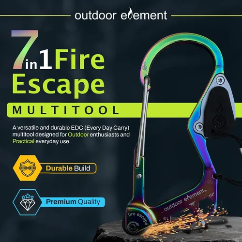 Miniatura 2 de OUTDOOR ELEMENT Herramienta de escape de emergencia, cortador de cinturón de seguridad, rompecristales, herramienta multiusos, encendedor, mosquetón