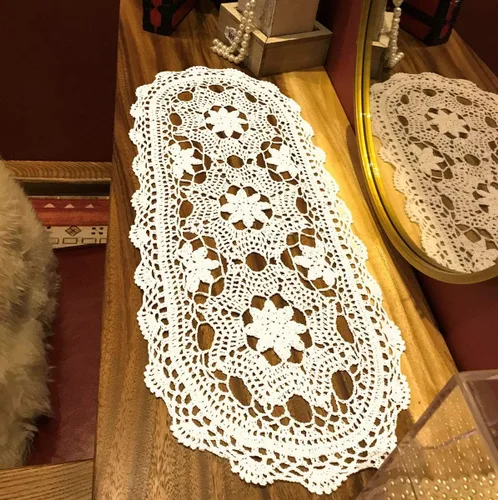 Miniatura 12 de Pasillos de ganchillo hechos a mano beige de algodón, tapetes de encaje ovalados para dormitorios, 12 x 20 pulgadas.