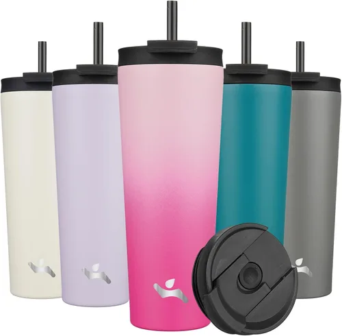 Miniatura 32 de Konokyo Vaso aislado de 18 onzas con tapa y 2 pajillas, botella de agua de acero inoxidable, taza de viaje al vacío, taza de café, color blanco ángel