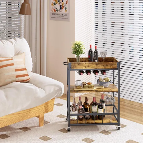 Miniatura 2 de aboxoo Carrito de bar de vino de 3 niveles grande para el hogar, estante de vino rodante con ruedas, carrito de servicio de cocina móvil