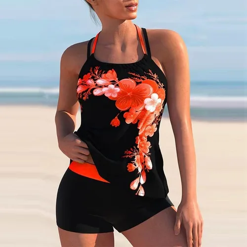 Miniatura 4 de Traje de baño tankini con estampado de lunares para mujer, traje de baño de dos piezas, ajuste holgado, traje de baño atlético sin espalda