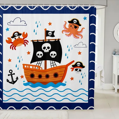 Miniatura 17 de Cortina de ducha de barco pirata de dibujos animados, 72 pulgadas de ancho x 72 pulgadas de largo, bonito sombrero pirata, bandera de calavera