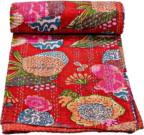 Miniatura 8 de Manta Kantha de retazos bohemios, manta de cama bohemia tamaño King, colcha Kantha con estampado de frutas, funda de cama Kantha hecha a mano Beige