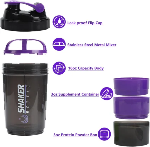 Miniatura 3 de Botella agitadora de proteínas, botella de agua deportiva, botella a prueba de fugas para mezclador de proteínas, antideslizante de 3 capas de 3