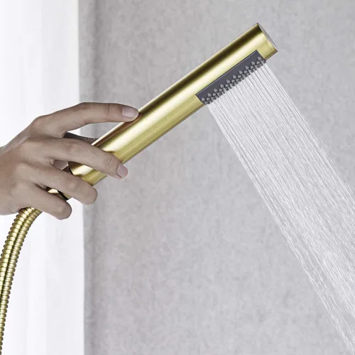 Miniatura 6 de Llenador de Bañera Independiente Grifo de Bañera Oro Cepillado Montado en el Piso Grifos de Latón con Ducha de Mano