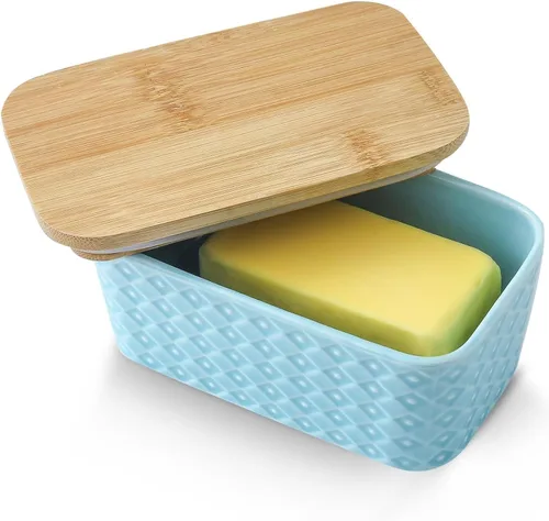 Miniatura 15 de Hasense Mantequillera de cerámica con tapa, recipiente grande para mantequilla hermética para encimera, patrón azul marino en relieve, fácil