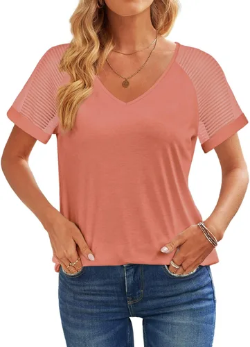 Miniatura 2 de WEESO - Camisetas informales con cuello en V para mujer, diseño elegante de manga corta con malla