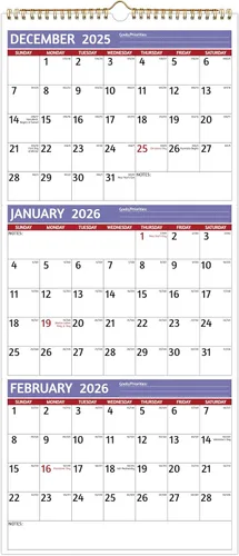Calendario de Pared 2026 – Calendario de 3 Meses 2026 Vertical, Enero 2026 a Diciembre 2026, Calendario de Pared de 3 Meses 2026, 11 x 26 Pulgadas
