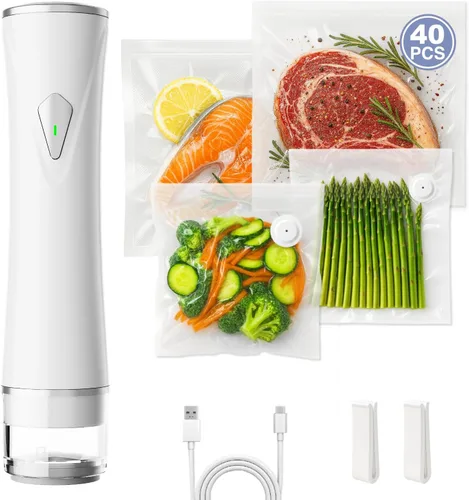 Miniatura 8 de Sellador al vacío compacto para alimentos, máquina selladora al vacío portátil con 30 bolsas reutilizables para conservación y blanco fresco