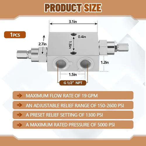 Miniatura 2 de Threlaco Dual Crossover Hydraulic Relief Cushion Valve, 1/2” NPT Ports, 19 GPM Flow, Adjustable 150-2600 PSI, 5000 PSI Max Pressure, Forged 45 Steel