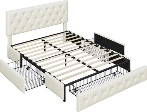 Miniatura 17 de Topeakmart Base de cama de plataforma tapizada tamaño Queen con cabecera ajustable en altura y 3 cajones de almacenamiento, base de colchón de piel