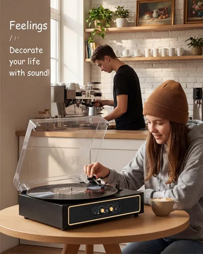 Miniatura 11 de Tocadiscos retro Bluetooth con altavoces integrados, tocadiscos de 3 velocidades por correa, control de graves y agudos, reproductor de vinilo Negro