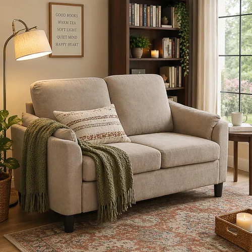 57" Small Loveseat Sofa, Mid Century Modern Love Seat Couch with Back Cushions and Plastic Legs, 2 Seater Couches for Living Room, Bedroom, Small